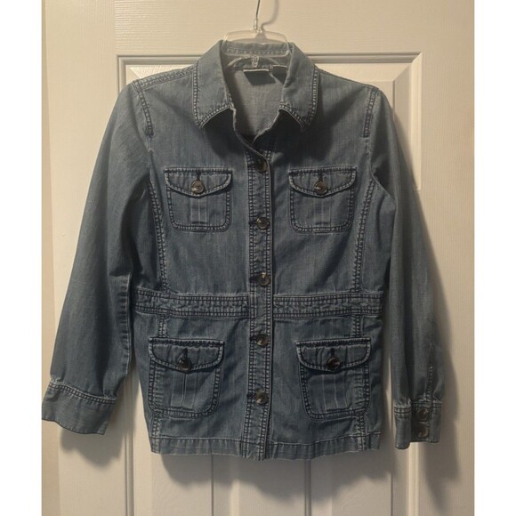 CHICO'S Sz 0 Light Blue STRETCH DENIM Button-Up JACKET w Pockets y2k Vtg - Picture 1 of 4